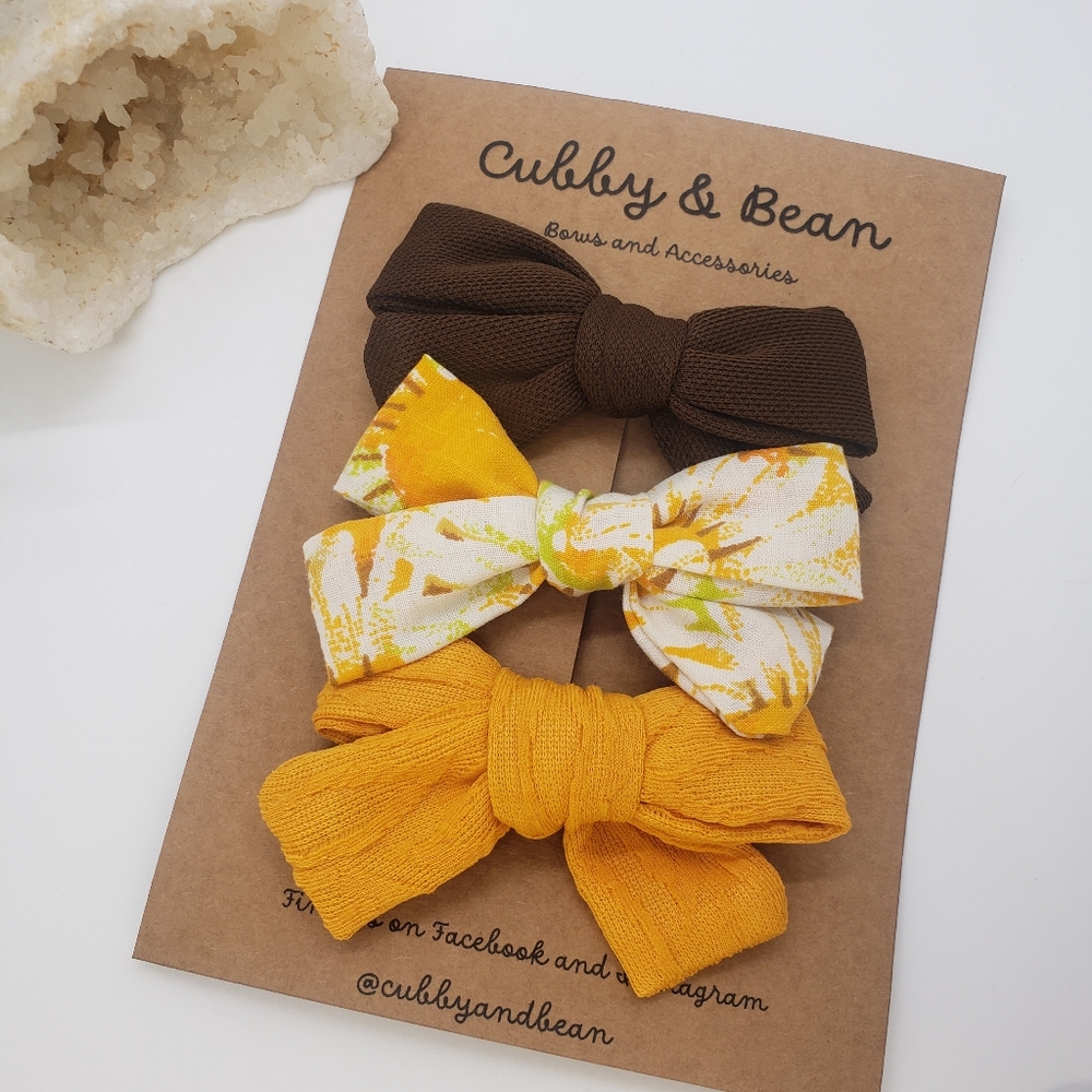 001A Sunflower Field Hair Bows on Clips Yellow and Brown Handmade - Picture 5 of 5